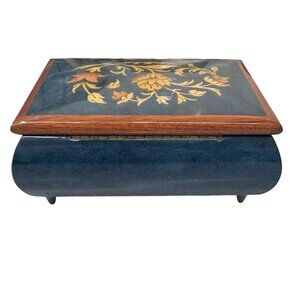 Reuge Inlaid Floral Jewelry Music Box Green Rectangle Italy Song Fascination VTG